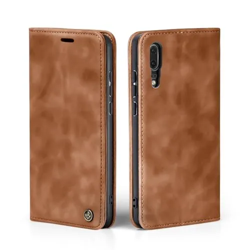 LBH Handyhülle für Huawei P20 in Hellbraun mit Karten- und Geldfach Smartphone Hülle mit Standfunktion Flip Case Schutzhülle Magnetverschluss Vintage