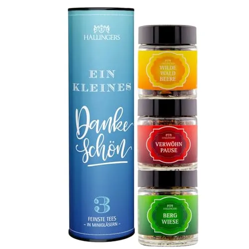 Hallingers Genuss Manufaktur Tee Geschenkset Dankeschön – 3 Sorten Premium loser Tee in edler Geschenkdose, veganes Tee Set