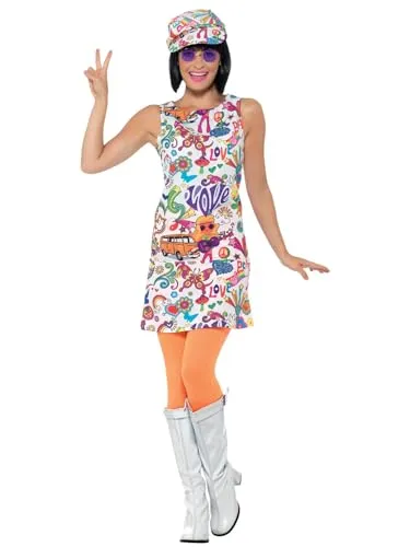 Smiffys 60er-Jahre Groovy-Mädchen-Kostüm - mehrfarbig, inkl. Kleid und Hut, ideales Outfit für Karneval und Themenpartys, Größe 36-38