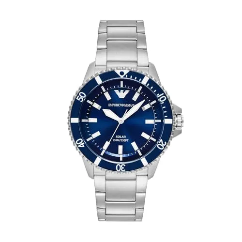 Armani Exchange Silber Kollektion World Explorer - Herrenuhr - Armbanduhren mit 3-Zeiger-Solarwerk, wasserdicht bis 10 ATM, elegantes Design mit satiniertem Edelstahl und blauem Zifferblatt für stilbewusste Männer.