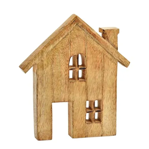 Spetebo Mango Haus Silhouette Natur - 20 x 18 cm - Holz Weihnachts Deko Aufsteller - Holzhaus Winter Deko Figur Tischdeko Weihnachtsdeko