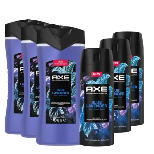 AXE Fine Fragrance Collection Bodyspray und Duschgel Blue Lavender Bodywash Deo mit 2x mehr Frische-Booster 6 Stück (2x3)