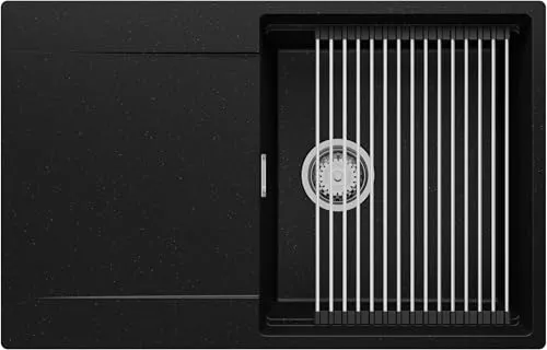 PRIMAGRAN Spülbecken Schwarz Metallic 78x50cm, Granitspüle 1 Becken + Zuberhor-Set, Küchenspüle ab 50er Unterschrank - San Francisco S022