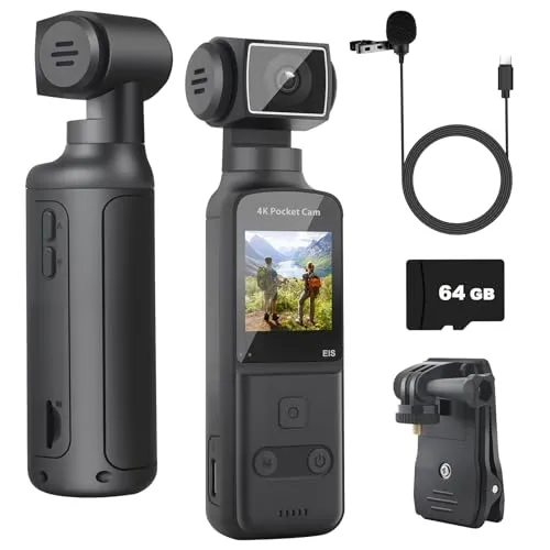 ydi 4K Körperkamera Bodycam Vlog Kamera mit 270° Gedrehtes Objektiv, Externes Mikrofon, 64GB Karte, Pocket Action Cam für Sport im Freien, Fahrrad, Reisen, Polizei, Zivilisten