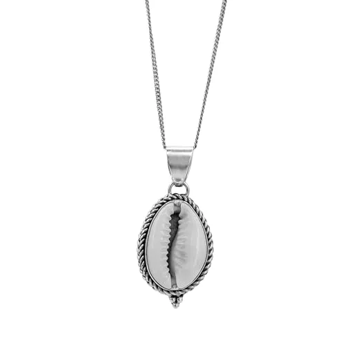 81stgeneration Halskette aus 925er Silber mit Bali-Seilrahmen und Kauri-Muschel | Anhänger aus Sterlingsilber mit Natürlicher Muschel an einer Panzerkette | Boho-Strandschmuck für Damen