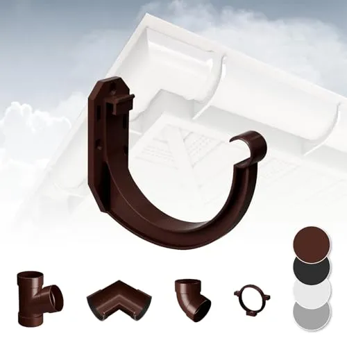 RAINWAY L Regenrinnen System (Rinnenhalter braun) - PVC-U Kunststoff in 4 Farben, für Dachflächen > 100m² empfohlen, Wandhalterung Haken Halterung