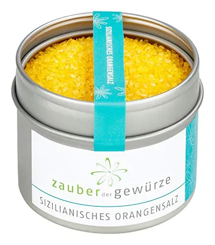 Zauber der Gewürze Sizilianisches Orangensalz - Meersalz verfeinert mit dem frischen Geschmack sonnengereifter Orangen, ideal für Grillgerichte, Salate, Fisch, 135 g