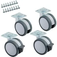 So-tech - Sotech 4er Set Möbelrolle Hamm Ø 63 Mm Höhe 74,5 Mm, Weiß/grau, 35kg Tragkraft (2x Lenkrollen, 2x Lenkrollen Mit Bremse), Anschraubplatte 47 X 47 Mm, Transportmöbelrolle Inkl. Befestigungsschrauben