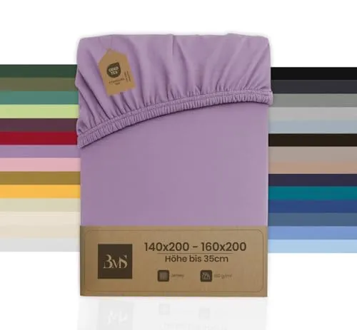 Bettwaesche-mit-Stil Spannbettlaken Jersey Spannlaken Spannbetttuch (140x200-160x200 cm, Matratzenhöhe bis 35cm, Flieder Rosa) Gewicht: 180g/m², 90% Baumwolle 10% Elasthan