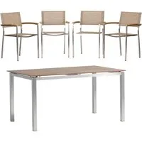 acamp Gartenmöbelset Skye beige 5tlg. Edelstahl - Komfort für Ihre Terrasse - Gartenmöbel Set Skye aus robustem Edelstahl, inklusive 4 Stapelsessel und einem wendbaren Tisch mit 2 Dekoren. Ideal für stilvolle und gemütliche Stunden im Freien.