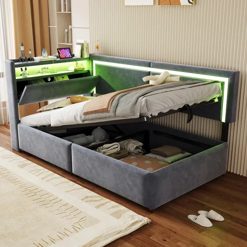 Polsterbett Schlafsofa 90x200 cm mit LED-Beleuchtung und USB-Ladeanschlüssen