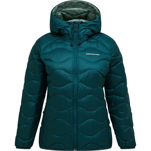 Peak Performance Helium Daunenjacke Damen - Ponderosa Pine-Green Valley, Größe M - Leichte, komprimierbare Kapuzenjacke mit nachhaltiger Daunen-Isolierung; ideal als Außenjacke oder unter einer Shell-Jacke; bietet Wind- und Wasserabwehr durch hochwertiges Ripstop-Gewebe.