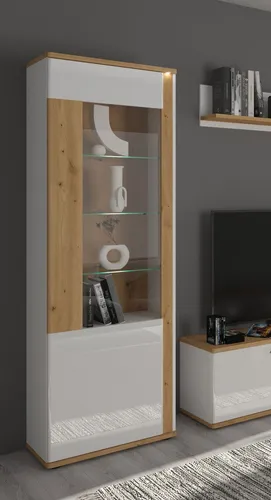 Vitrine Avila 62cm in Eiche Artisan und Hochglanz Weiß - Moderne Vitrine mit 6 Glas-Regalböden und Beleuchtung, ideal für stilvolle Präsentation im Wohnzimmer. Freistehend und einfach zu montieren.