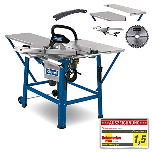 Scheppach Tischkreissäge TS310 | 400V Anschluss | 2800W Leistung | Sägeblatt Ø315mm | Schnitthöhe 83 mm | mit Tischverbreiterung, 2. Sägeblatt, Führungsschiene & Schiebeschlitten | schwenkbar bis 45°
