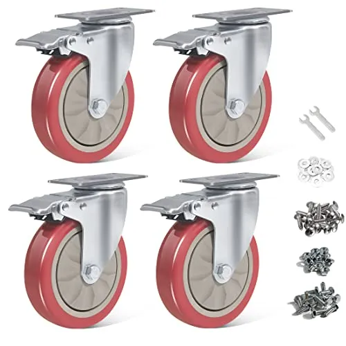 BAOLIHUI 4er Set Lenkrollen für Möbel 125MM Möbelrollen mit Bremse Schwerlastrollen 800kg Rot Rollen für Möbel Transportroller Werkbank Werkzeugwagen Paletten Transportrollen Rollen mit Schrauben