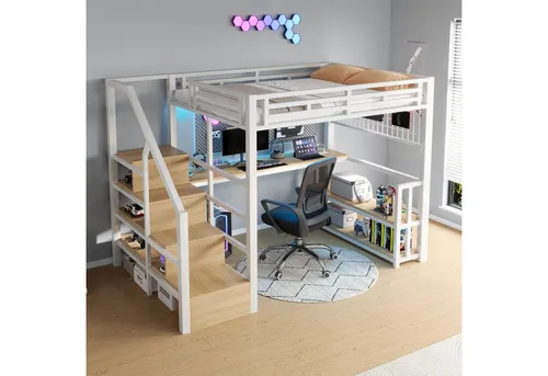 Redom Hochbett Weiß 140x200 cm mit Schreibtisch und LED-Beleuchtung - Modernes Hochbett für Kinder- und Jugendzimmer, bietet Schlafplatz, Arbeitsbereich und Stauraum. Mit stabiler Metall- und MDF-Konstruktion, integrierten Ablagen und anpassbarer LED-Beleuchtung für eine angenehme Atmosphäre.