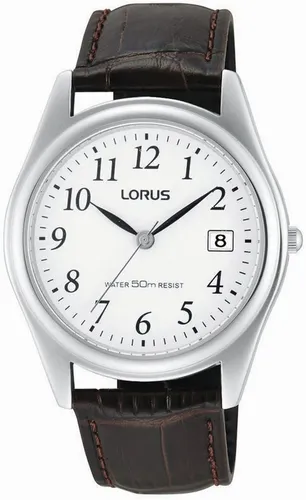 Lorus Uhren Herrenuhr RS965BX9 - Braun/Weiß - Herrenuhr aus Edelstahl mit elegantem Krokodil-Lederarmband, wasserdicht bis 5 ATM und mit klarer analoge Anzeige für Zeit und Datum.