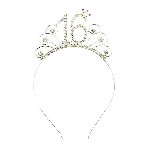 Oblique Unique® Haarreifen Zahl 16 mit Diamanten und Krone Haarreif für 16. Geburtstag Mädchen Damen Frauen in Silber aus Metall