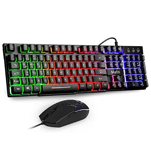 mafiti Tastatur und Maus Set, Kabelgebundenes, LED Hintergrundbeleuchtung QWERTZ (DE-Layout), Regenbogen Farben Beleuchtetung für Gaming und Büro