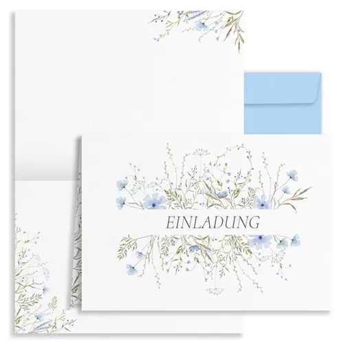 10x Einladungskarten zarte Blümchen Blau Aquarell mit Umschlägen