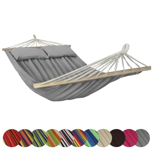 BB Sport Stabhängematte 240 x 150 cm mit Kissen für 2 Personen - Hochwertige Doppelhängematte für entspannte Stunden im Freien. Mit robustem Poly-Baumwollgemisch für besten Liegekomfort. Max. Belastbarkeit: 300 kg, wetterfest und lichtecht. Ideal für Garten, Balkon oder Camping.