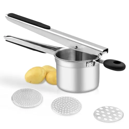 BSDLZCH Hochleistungs-Kartoffelstampfer mit 3 auswechselbaren Schneidplatten, Kartoffelstampfer aus lebensmittelechtem Edelstahl für flauschiges Kartoffelpüree, Gemüse- und Obststampfer (silberfarben)