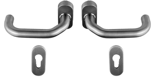 Edelstahl Haustür Griff Komplettgarnitur auf Ovalrosette U-Form abgeschrägt