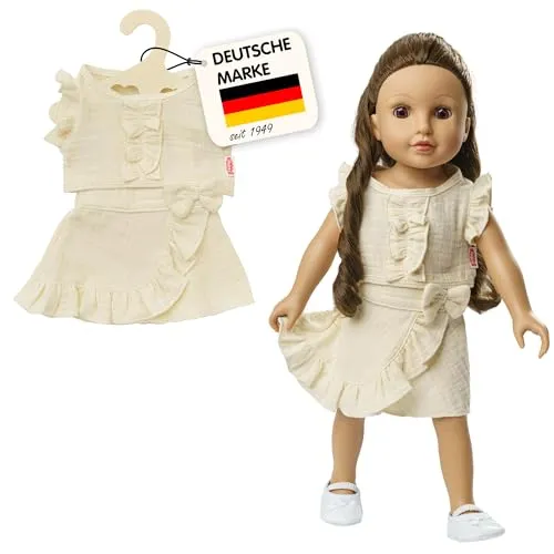 Heless 1422 - Puppenkleidung aus Musselin, 100% Bio-Baumwolle, 2-teiliges Set mit Wickelrock und Rüschen-Top in Ecru für Puppen und Kuscheltiere der Größe 28-35 cm