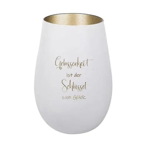 Der-Porzellan-Laden Windlicht mit Gravur Gelassenheit ist der Schlüssel zum Glück, Weiß Gold, Teelichthalter aus Glas mit Spruch, Tischdeko modern