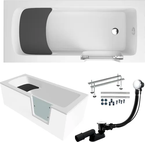 Produktbild Badewanne Rechteck Set 5in1 170x75 Rechts, Seniorenbadewanne + Glastür und Holzsitz, Premium Ablaufgarnitur und Füßen | BADLAND AVO
