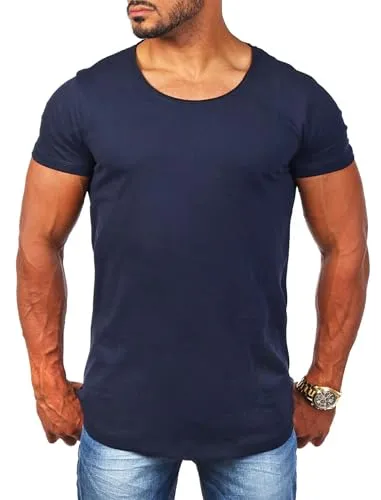 Young & Rich Herren Uni T-Shirt mit tiefem Rundhals Ausschnitt einfarbig körperbetontes Basic Tee Vintage Look 1702, Grösse:XXL, Farbe:Dunkelblau