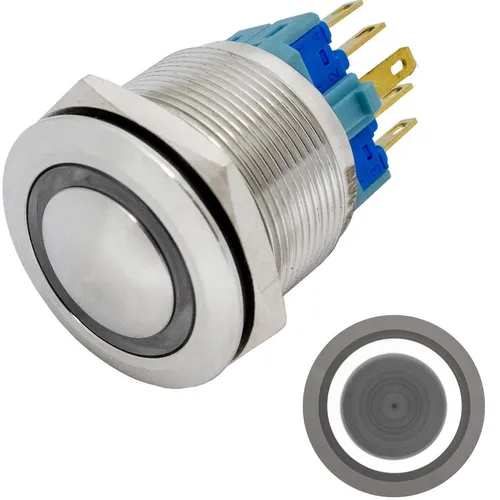 Edelstahl Druckschalter gewölbt Ø25mm Ring LED Kalt Weiß IP65 2,8x0,5mm Pins 250