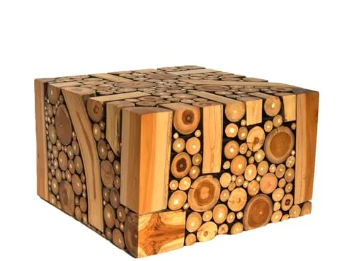 Brillibrum Design Teakholzhocker quadratsich Fußhocker Baumscheibentisch Teak Beistelltisch handgefertigter Hocker Kleiner Beistelltisch kleine Baumscheiben Couchtisch Asthocker (25x30x30 cm)