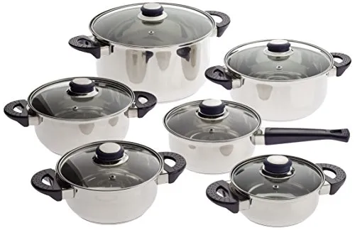 axentia Edelstahl-Topfset Karin 6-teilig - 6-teiliges Kochtopf-Set aus Edelstahl mit hitzebeständigen Glasdeckeln und optimaler Wärmeverteilung, geeignet für alle Herdarten (außer Induktion)