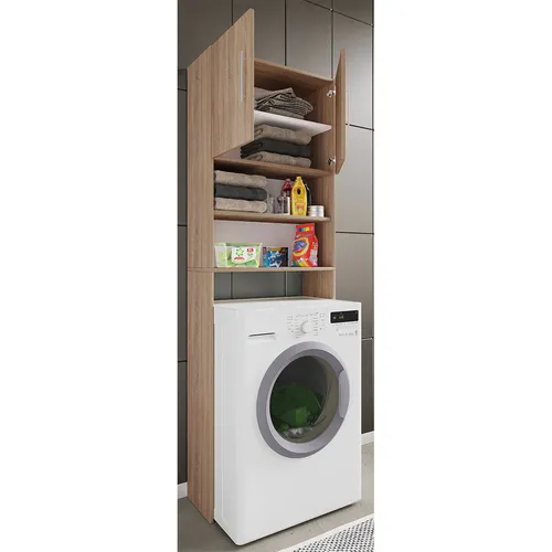 VCM Holz Überbauschrank für Waschmaschine - Jutas Sonoma-Eiche - Hoch- & Midischränke fürs Bad, idealer Stauraum mit eleganter Sonoma-Eiche-Oberfläche, Maße: B. 64 x H. 190 x T. 25 cm, perfekt für Waschmaschine oder Trockner.