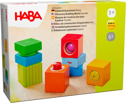 Haba Bausteine 1007628001 - Entdeckerbausteine Klangspaß - Spielbausteine für Kinder ab 1 Jahr, 6 bunte Würfel mit verschiedenen Klangeffekten aus stabilem Buchenholz. Fördert frühkindliche Wahrnehmung und Musikalität beim Spielen.
