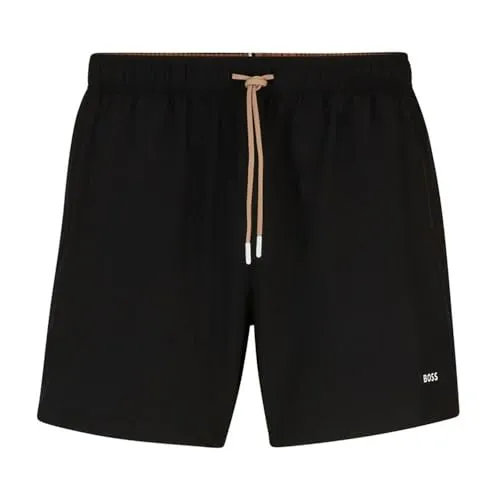 BOSS Herren Badeanzug 50491601 Tio schwarz - Voll gefütterte BOSS Badeshorts aus schnelltrocknendem Material mit Logoprint und markantem Streifendetail. Ideal für den Strand, bietet Komfort und Stil in einem.