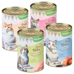 Lecker.Pet® Balu’s, Emily's, Leo's & Mia's 100 % Fisch & Fleisch Katzenfutter Mix - 24 Dosen - Entdecken Sie den Lecker.Pet® Katzenfutter Mix mit 100% natürlichen Zutaten. Ideal für anspruchsvolle Katzen, bietet er eine köstliche Vielfalt ohne Zusatzstoffe und unterstützt eine ausgewogene Ernährung.