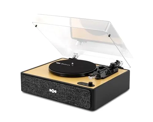 House of Marley Rise Up Bluetooth Plattenspieler - Eleganter 3-Gang Schallplattenspieler mit integriertem Bluetooth für kabellosen Musikgenuss. Aus nachhaltigen Materialien gefertigt, bietet er hervorragenden Klang und schützt Ihre Schallplatten mit einer praktischen Staubabdeckung.