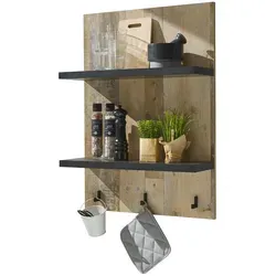 Furn.Design Küchenregal Stove - Wandregal in Used Wood mit Ablagen und Haken - Regale in Used Wood Optik, ideal für eine stilvolle Kücheneinrichtung mit 2 Ablageflächen und praktischen Haken für zusätzlichen Stauraum.