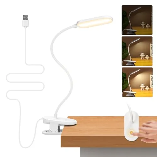Aigostar Leselampe Bett, Klemmlampe 4000K, 360° Flexibel Klemmleuchte, Bettlampe mit 3 Helligkeitsmodi, USB-Kabel, Weiß