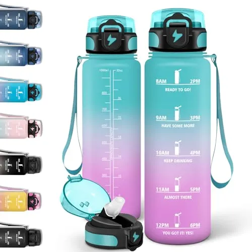 Motswedi Trinkflasche 1l, Trinkflasche Kohlensäure Geeignet, mit Strohhalm, Wasserflasche, Auslaufsicheres Schlossdesign, Flasche Mit Zeitstempel, Wasserflasche für Camping, Fahrrad - Grün & Pulver