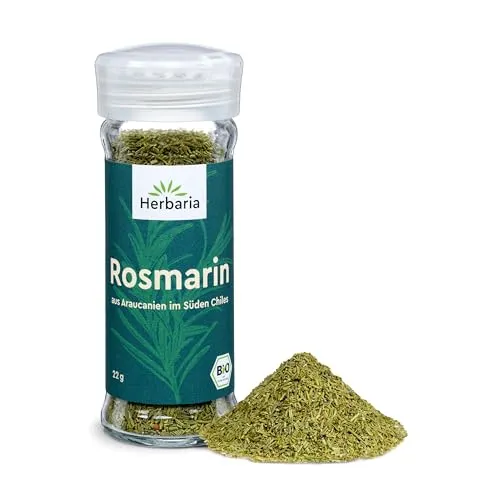 Produktbild Herbaria Rosmarin BIO | Getrocknet | Kräftig-aromatisches Gewürz für mediterrane Küche, Soßen, Pasta, Gemüse, Fleisch & Fisch | Premium Bio-Gewürz im 22g Gewürzstreuer