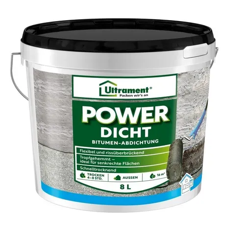Ultrament Power Dicht Gebrauchsfertig flexibel Bitumen 8 l - Dichtmaterialien für Dach und Wände, lösemittelfrei und flexibel, ideal für schnelle Abdichtungen mit einer Trockendauer von nur 4-8 Stunden.