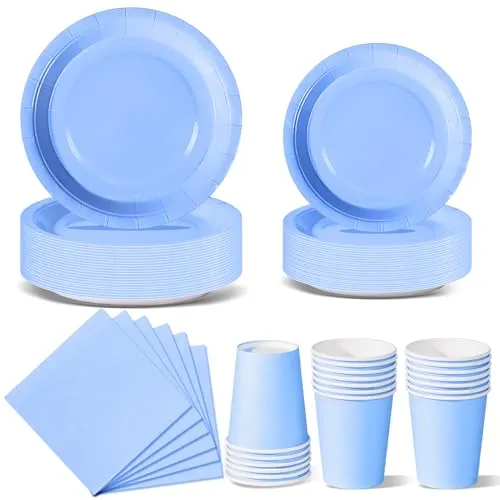 Nkaiso Himmelblau Partygeschirr, 96 Stück Bunt Pappteller, Party Pappteller Becher Servietten Partyteller Partyset Süße Party, für Feste und Feiern wie Geburtstag