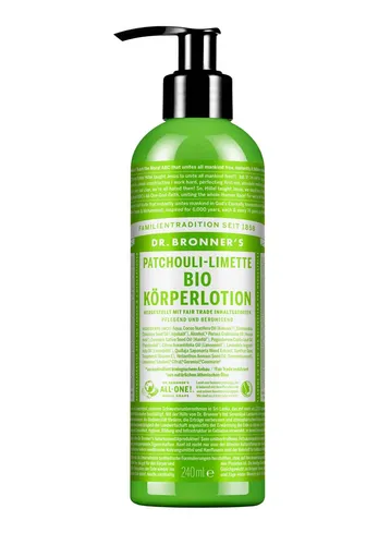 Dr. Bronner's Bio-Körperlotion Patchouli-Limette - Bio-Körperlotion für alle Hauttypen, spendet Feuchtigkeit und zieht schnell ein. Mit erfrischendem Limetten-Duft und pflegenden Bio-Ölen für seidenweiche Haut.