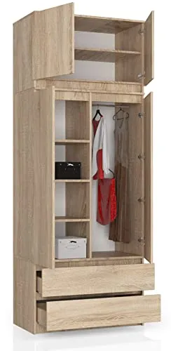 BDW Kleiderschrank mit 4 Türen, 4 Einlegeböden, Kleiderbügel, 2 Schubladen - Aufbewahrungsschrank - Moderner Schrank für das Schlafzimmer Wohnzimmer Diele - 234x90x51cm - Eiche Sonoma