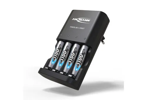 ANSMANN AG Akku Ladegerät Powerline 4 für AA und AAA - Ladegeräte für 1-4 AA/AAA Akkus mit intelligentem Reparatur-Modus, der tiefentladene Zellen reaktiviert und eine schonende Ladetechnik bietet.