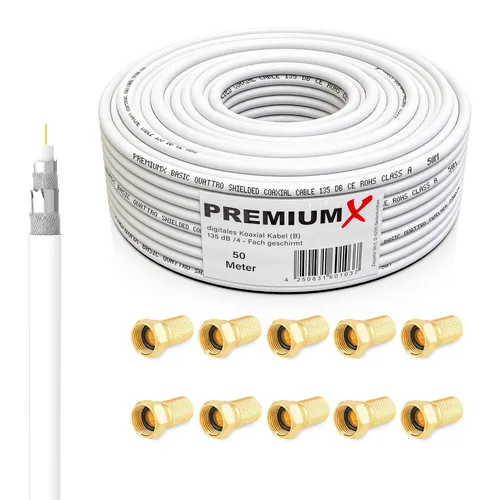 PremiumX 50m BASIC Koaxialkabel - HDMI-Kabel & Videokabel, 4-fache Abschirmung für optimalen Schutz vor Interferenzen, ideal für digitale Satellitenanlagen und HDTV-empfang.