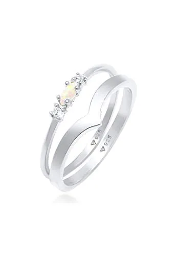 Elli Ring Damen Set Marquise V-Form mit Synthetischem Opal - Ringe für Damen aus 925 Sterling Silber, handgefertigt mit synthetischem Opal und Zirkonia, ideal als stilvolles Geschenk für besondere Anlässe.